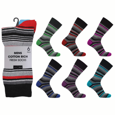 Mens 6 Pack Cotton Rich Fresh Socks - Stripe - Carton Price