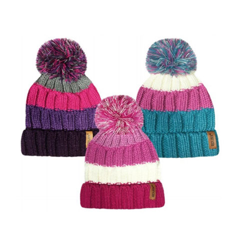Girls Striped Knitted Bobble Hat With Pom Pom