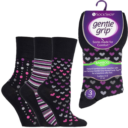 Ladies Bamboo HoneyComb Gentle Grip Socks Hearts/Lines