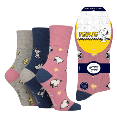 Ladies 3 Pack Gentle Grip Socks - Peanuts