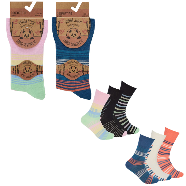 Ladies 3 Pack Bamboo Comfort Fit Socks - Stripes
