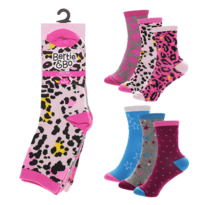 Girls 3 Pack Leopard/Star Design Socks