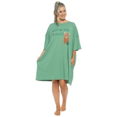 Ladies Oversized One Size Nightie With Side Pockets - Sage With Highland Cow