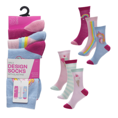 Girls 3 Pack Fun Design Socks