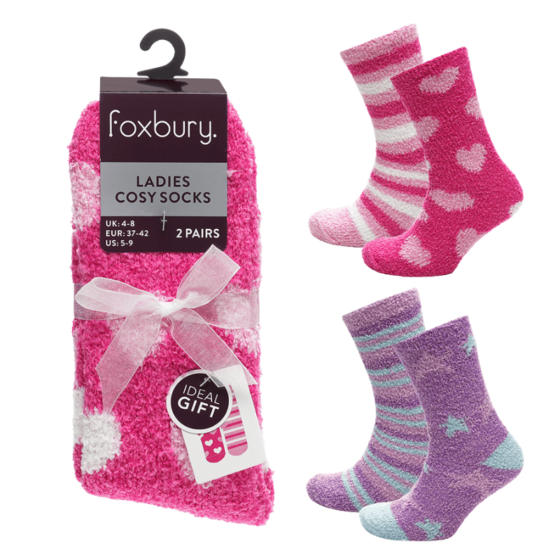 Ladies 2 Pack Cosy Socks Hearts & Stars