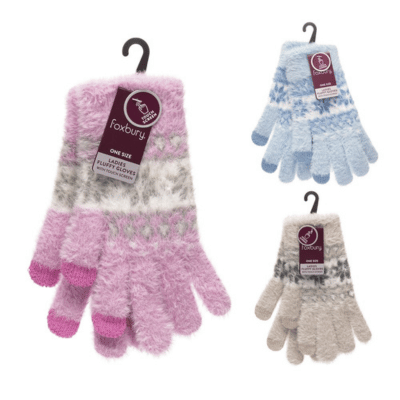Ladies Fairisle Print Fluffy Gloves with Touch Screen