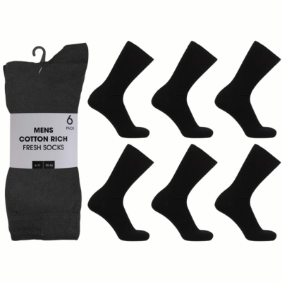 Mens 6 Pack Cotton Rich Fresh Socks - Black - Carton Price