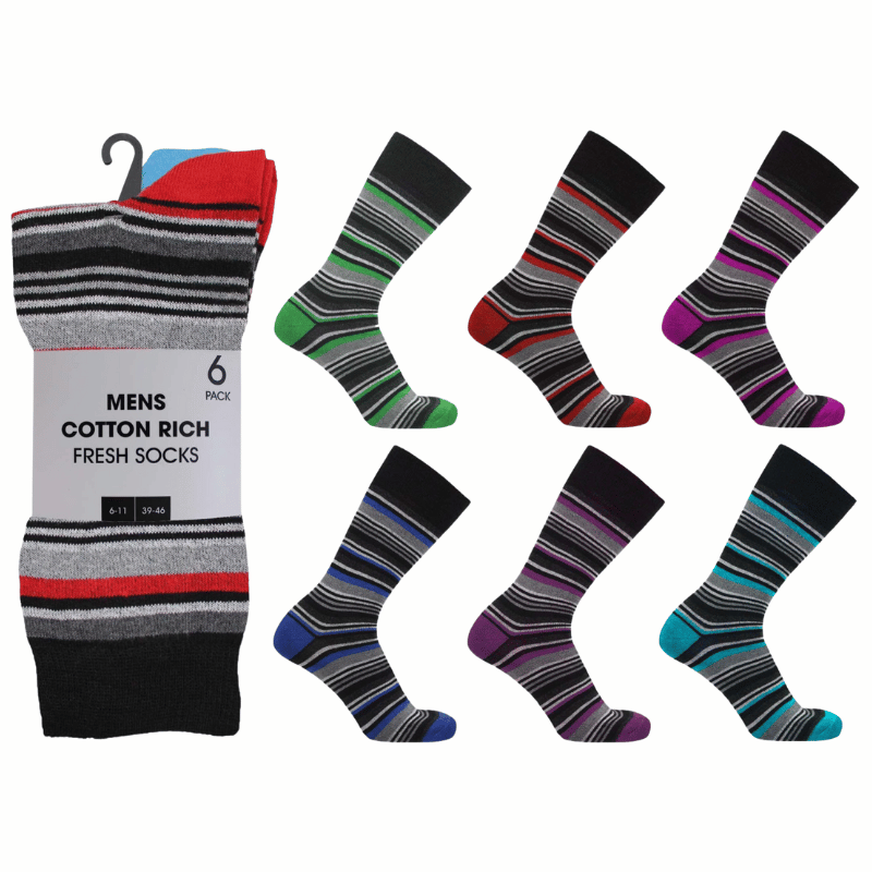 Mens 6 Pack Cotton Rich Fresh Socks - Carton Price - Stripe