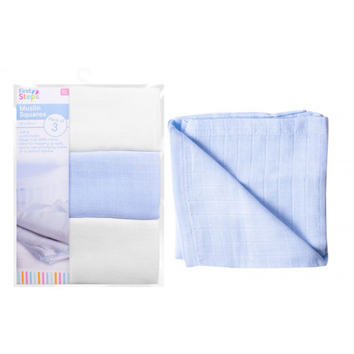 First Steps Muslin Squares Blue White 3 Pack