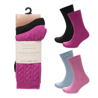 Ladies 2 Pack Cable Chenille Socks