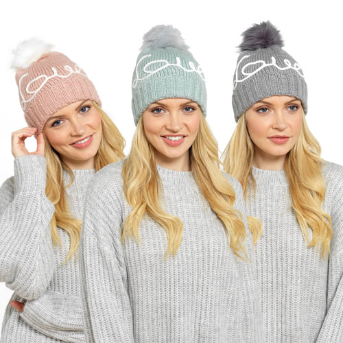 Ladies Love Knitted Hat With Pom Pom