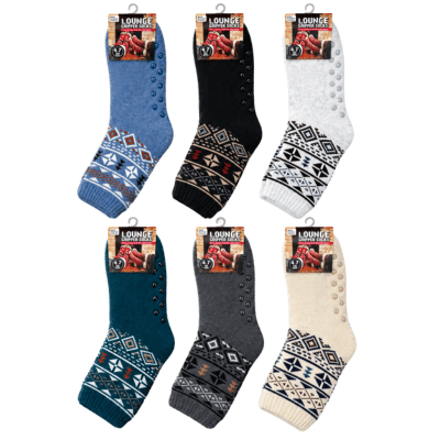 Mens Sherpa Lined Lounge Socks With Gripper Snowflake Designs