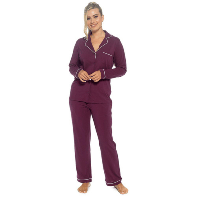 Ladies Jersey Button Through Classic Pyjama Set - Plum