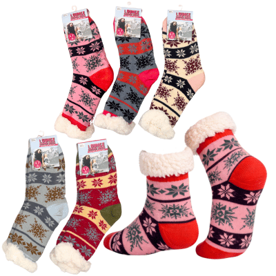 Ladies Cosy Sherpa Gripper Socks Snowflake