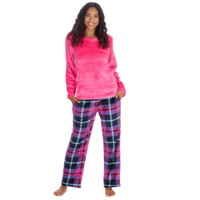 Ladies Printed Fleece Lounge Set - Pink Check