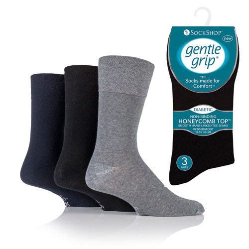 Mens Big Foot Diabetic Gentle Grip Socks Black Navy Grey