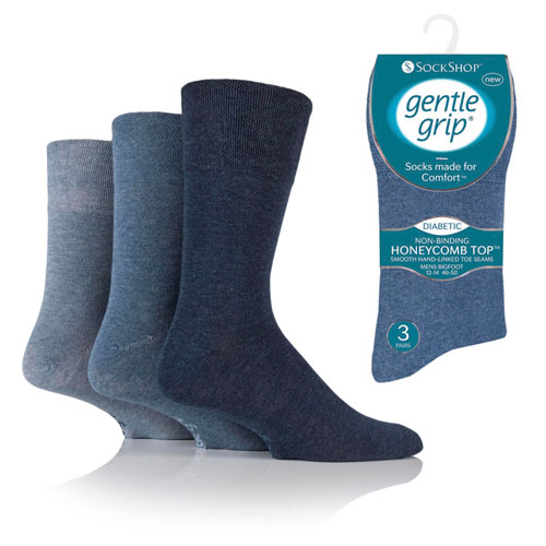 Mens Big Foot Diabetic Gentle Grip Socks Blue Assorted