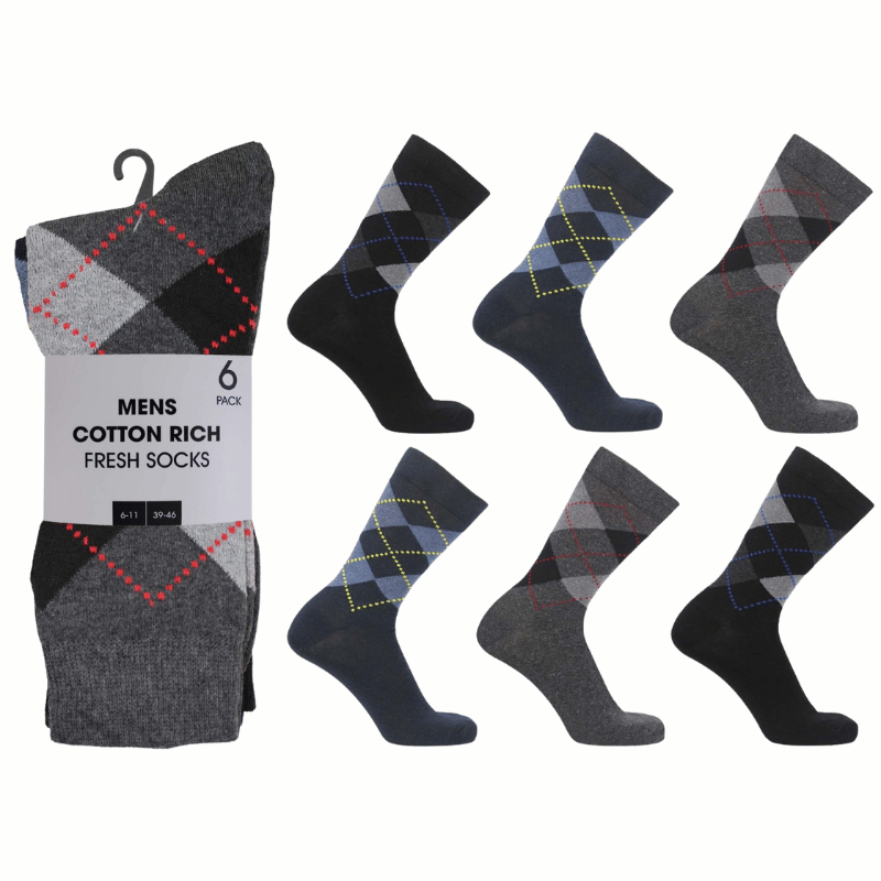 Mens 6 Pack Cotton Rich Fresh Socks - Carton Price - Argyle