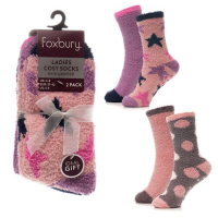 Ladies 2 Pack Design Cosy Socks With Gripper With Ribbon