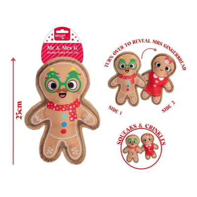 Double Sided Squeaky Plush Christmas Mr & Mrs Gingerbread Dog Toy