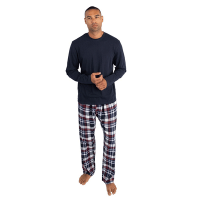 Mens Long Sleeved Jersey & Flannel Lounge Pant Set - Burgundy Check
