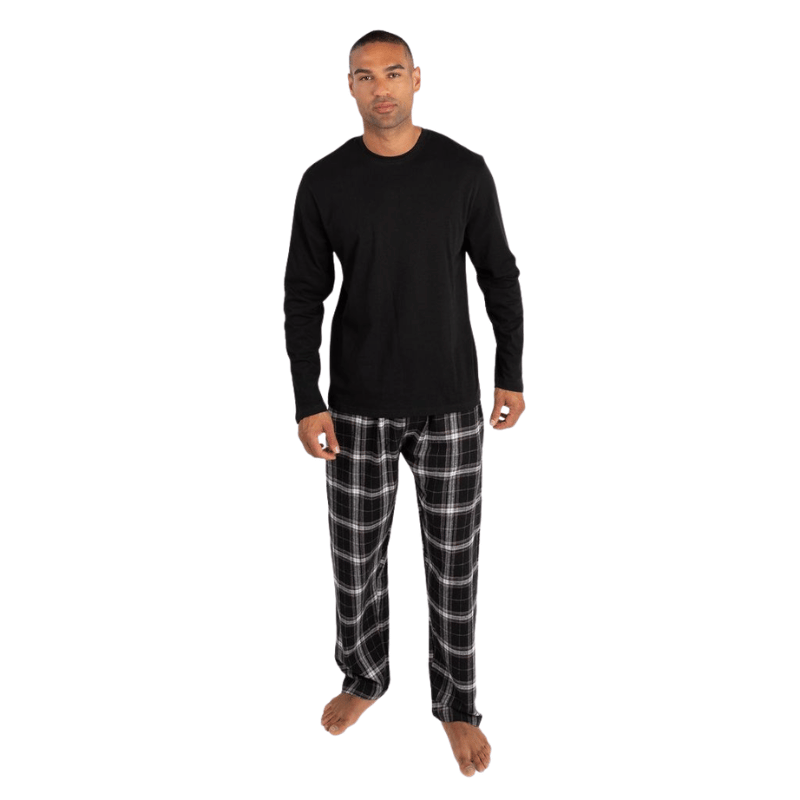 Mens Long Sleeved Jersey & Flannel Lounge Pant Set - Black Check