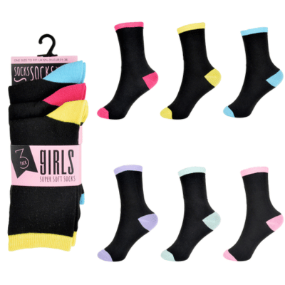 Girls 3 Pack Contrast Heel Toe Sock