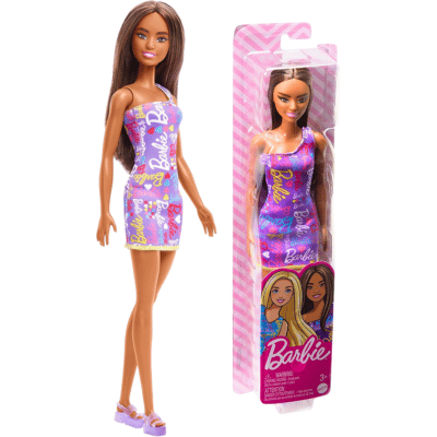 Official Barbie - Biracial Brunette With Logo Print Purple Dress Doll