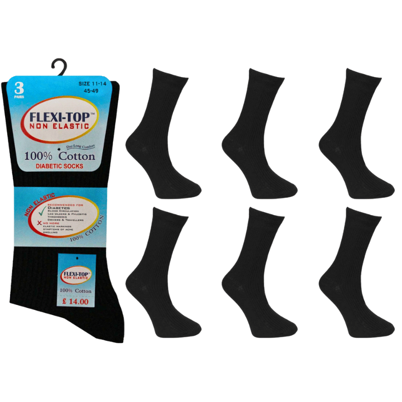 Big Foot Diabetic Non Elastic 3 Pack Socks 100% Cotton - Black