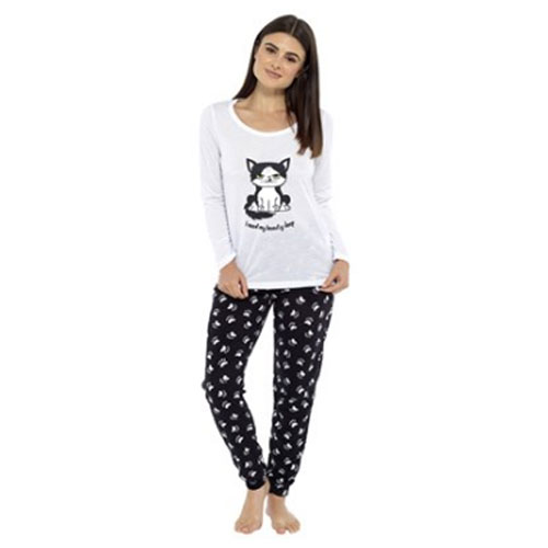 Ladies Cat Print Pyjamas Black Bottoms | Wholesale Nightwear | Ladies ...