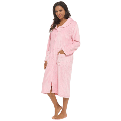 Ladies Soft Touch Flannel Cut Fleece Button Gown with Shawl Collar - Pink
