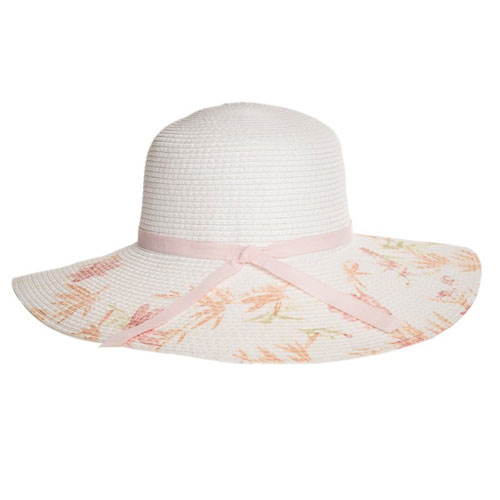 Ladies Wide Brim Straw Hat With Flower Printed Brim