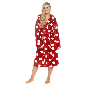 Ladies Supersoft Flannel Fleece Wine with White Hearts Dressing Gown
