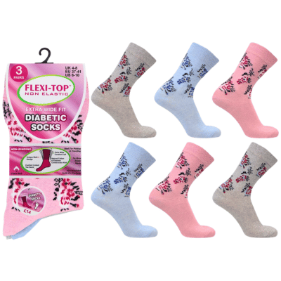 Ladies Flexi Top Socks 3 Pack - Pastel Flowers