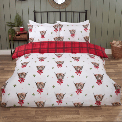 Luxury So Soft Reversible Duvet Set - Festive Fergus Highland Cow