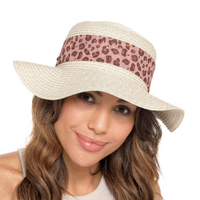 Ladies Straw Hat with Leopard Scarf Band - Cream