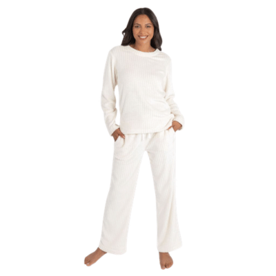 Ladies Clip Stripe Micro Fleece Lounge Set - Cream