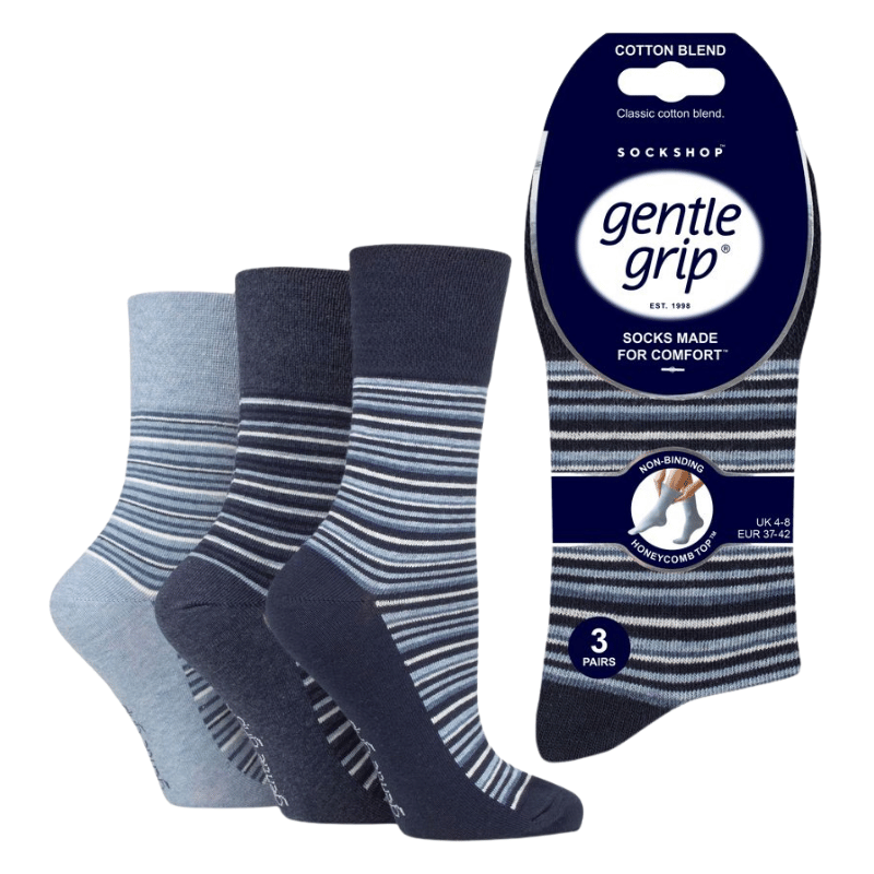 Ladies Gentle Grip Socks Navy - Denim Stripe