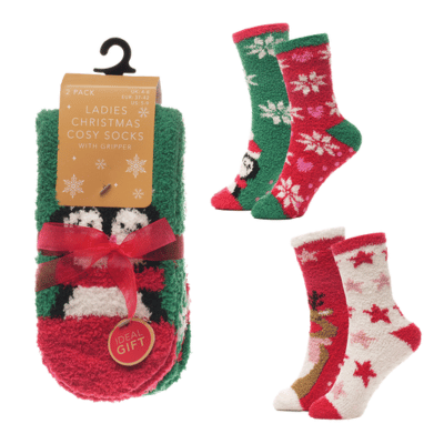 Ladies 2 Pack Festive Christmas Design Socks