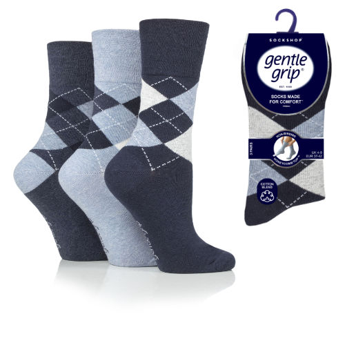 Ladies Gentle Grip Socks Argyle Navy - Denim