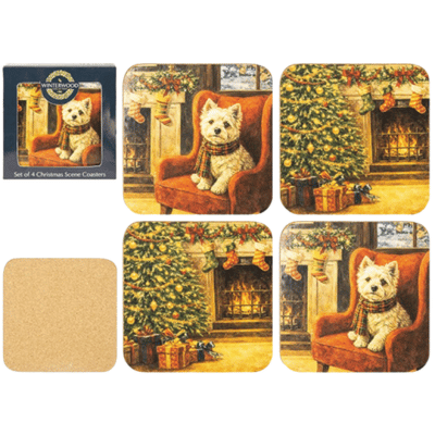 Christmas Tree And Dog Scene Cork Backed Coasters Pack Of 4