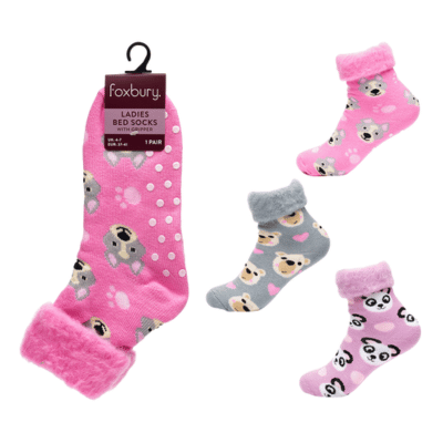 Ladies Cute Design Brushed Bed Socks With Gripper