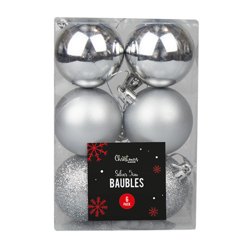 Silver Assorted Baubles 5cm Dia - 6 Pack