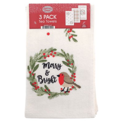 Merry & Bright Robin Design 100% Cotton 3 Pack Velour Tea Towels