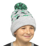 Kids Dino Print Jacquard Hat With Bobble Grey