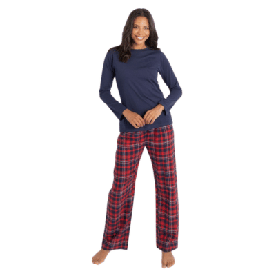 Ladies Long Sleeved Jersey Top & Flannel Lounge Pant Set - Navy Check
