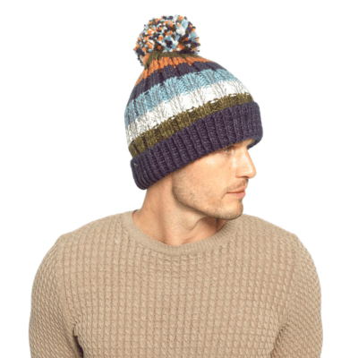 Mens Twist Yarn Stripe Bobble Hat With Lining