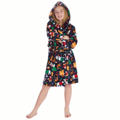 Childrens Christmas Design Dressing Gown - Navy