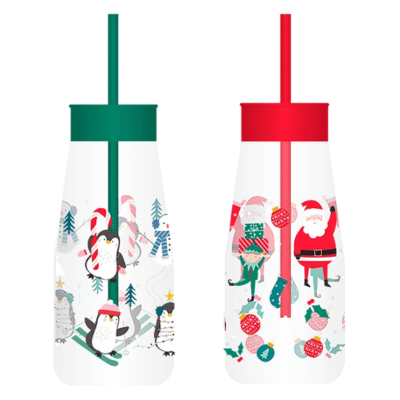 Kids Plastic Milk Jar & Straw - Santa & Penguins