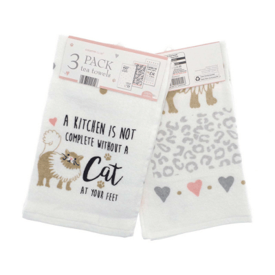 3 Pack Tea Towels Cat Design By Country Club